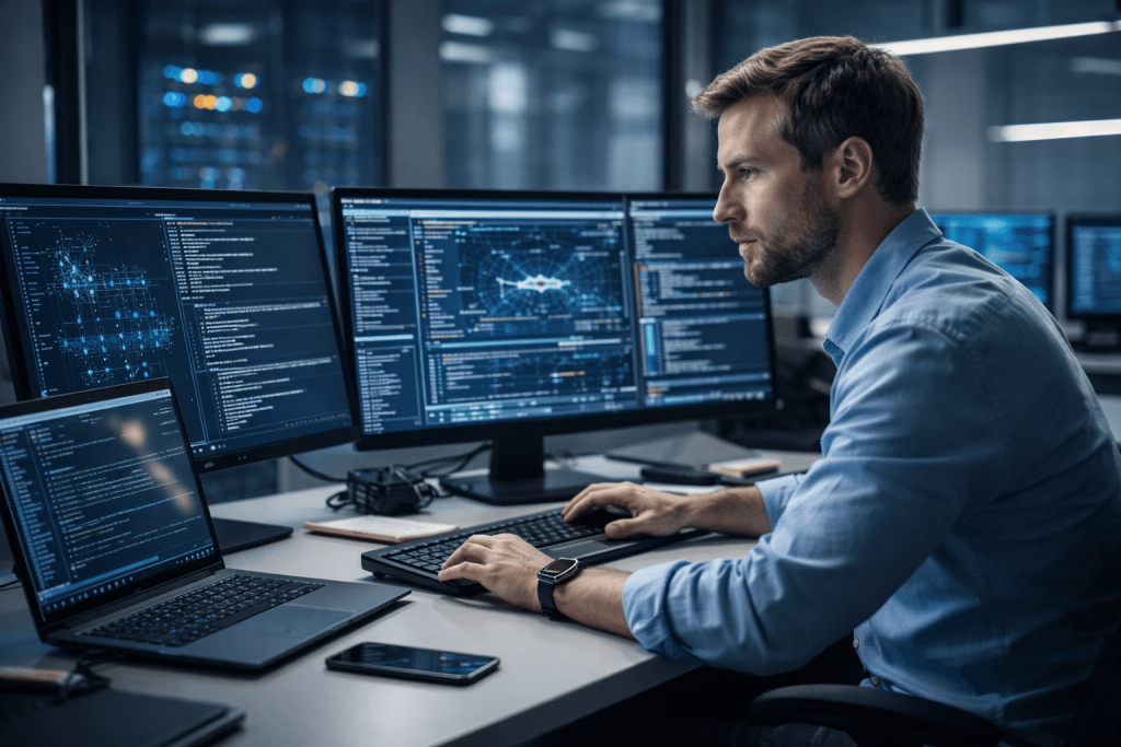 Man at workstation monitoring cyber security