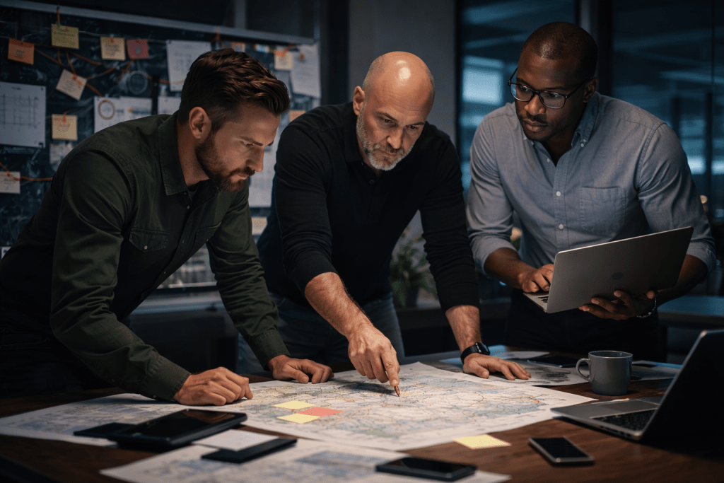 men reviewing plans and strategising