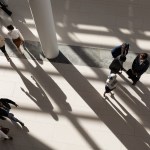 Team meeting in building lobby