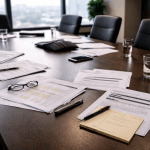 Boardroom table with documents