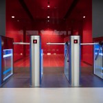 Automatic turnstile at the entrance. Tripod turnstile with electronic card reader is closed.