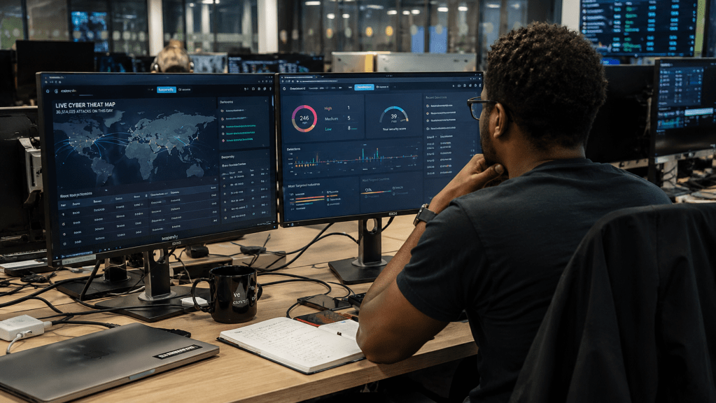 SOC desk worker monitoring threats