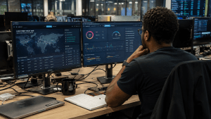 SOC desk worker monitoring threats
