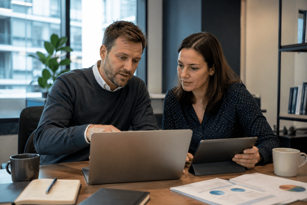 Colleagues collaborating in modern office