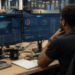 Threat engineer reviewing data