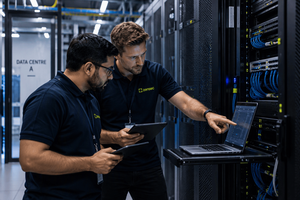 Two engineers at a data centre running diagnostics